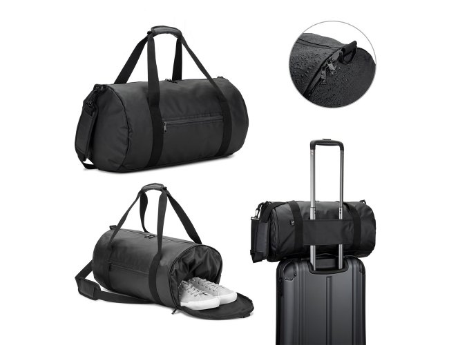 OSASCO SPORT. Bolsa esportiva em formato cilíndrico em poliéster reciclado 600D de alta densidade com compartimento late