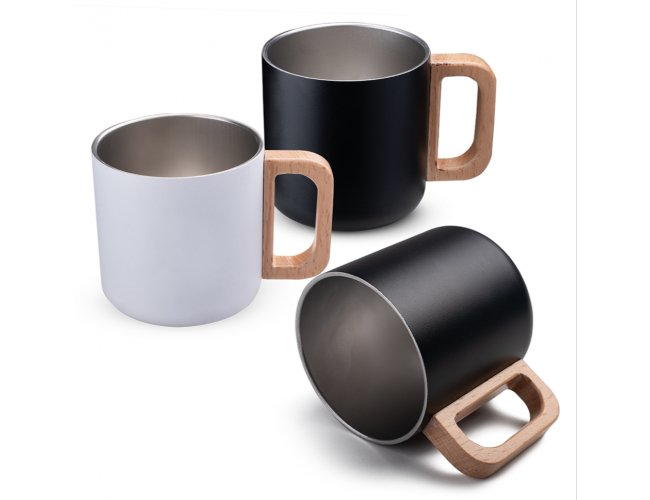 Caneca térmica com alça em madeira